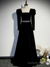 Black Velvet Square Long Sleeve Prom Dress With Belt
